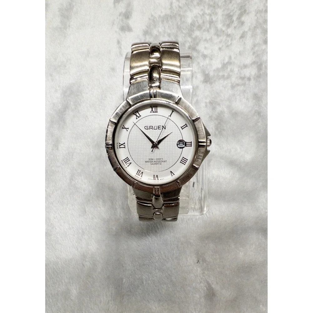 Gruen Silver Tone Unisex 37mm Watch Date Function New Battery Cleaned Polished